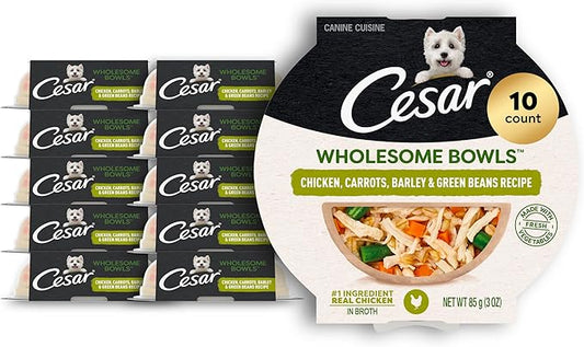 Cesar Wholesome Bowls Adult Wet Dog Food, Chicken, Carrots, Barley & Green Beans Recipe, Wet Food for Dogs, 3 Oz. Bowls, 10 Count