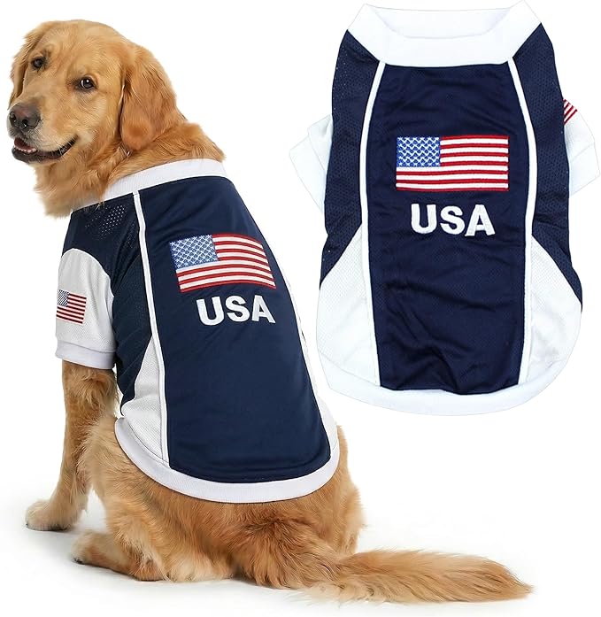 Parisian USA Dog Jersey - Breathable Mesh Puppy Football Jersey - Lightweight Stretch Sporty Dog Clothes - Summer Shirts for Large Dogs - Soccer Jersey for Dogs - Sportswear Pet Clothes