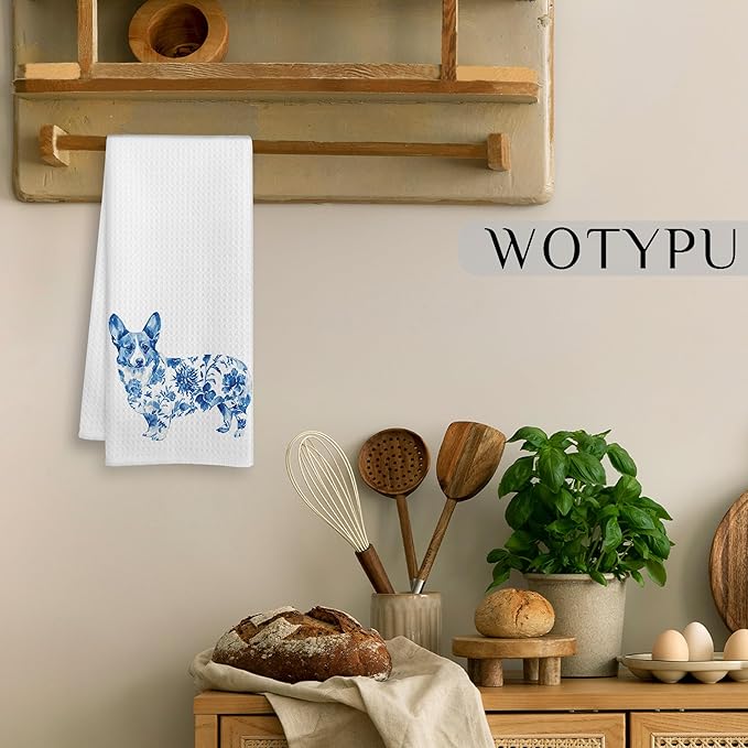 Blue and White Chinoiserie Corgi Kitchen Towels, Corgi Gifts for Women Mom Dish Tea Towels, Dog Lover Gifts Decorative Hand Towel for Bathroom, 16x24 Inch