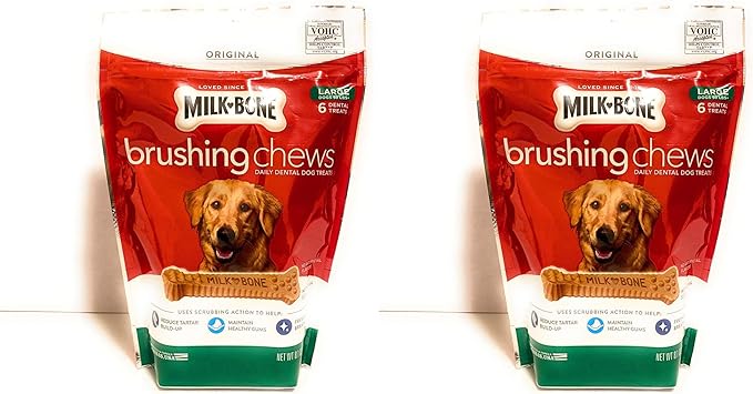 Milk-Bone Brushing Chews Daily Dental Dog Treats, Large, 8.1 Ounces, 6 Bones Per Bag (Pack of 2)