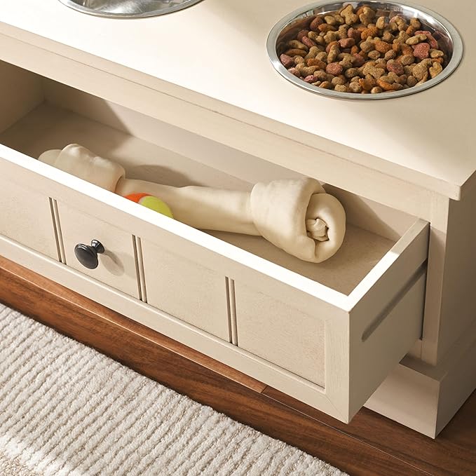 SAFAVIEH Home Collection Boomer Natural Brown Elevated Pet Feeder Dog Bowl Stand with Drawer (Fully Assembled)