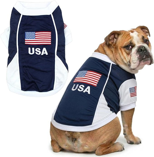 Parisian USA Dog Jersey - Breathable Mesh Puppy Football Jersey - Lightweight Stretch Sporty Dog Clothes - Summer Shirts for Large Dogs - Soccer Jersey for Dogs - Sportswear Pet Clothes