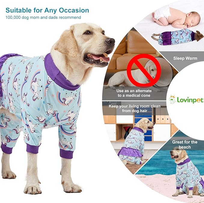 LovinPet Big Dog Onesie Pitbull, PJ's for Dogs, Magical Unicorn Rainbow Print, Lightweight Stretchy Knit Pullover Large Puppy Pajamas, Large Breed Dog Jammies, Pet PJ's, 2XL
