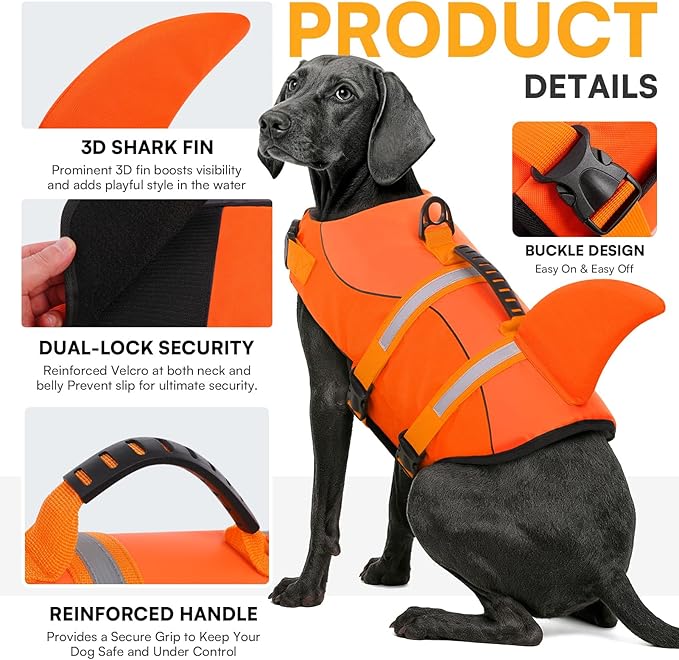Queenmore Dog Life Jacket, Dog Life Vest for Swimming, High Buoyancy Shark Swimming Safety Vest for Extra Large Dogs, Reflective Pet Lifesaver Preserver with Rescue Handle, Orange 2XL
