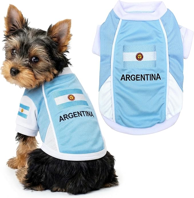 Parisian Pet Team Argentina Dog Jersey - Breathable Mesh Puppy Football Jersey - Lightweight Stretch Sporty Dog Clothes - Summer Shirts for Small Dogs - Soccer Jersey for Dogs - Sportswear Pet Clothes