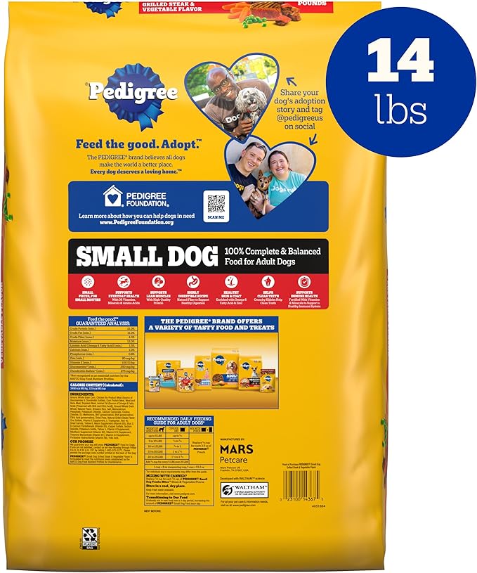 Pedigree Dry Dog Food for Adult Small Dogs, Grilled Steak and Vegetable Flavor, 14 lb. Bag