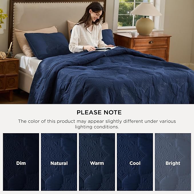 Bedsure King Size Quilt - Stitch-Free Ultrasonic Quilting, Navy Blue Bedspread with Modern Vintage Mandala Embossed Pattern, Lightweight All-Season Comforter & Coverlet, 106 x 96 Inches | Stitch-Free Quilting, Ultra Soft, Lightweight, Machine Washable,...