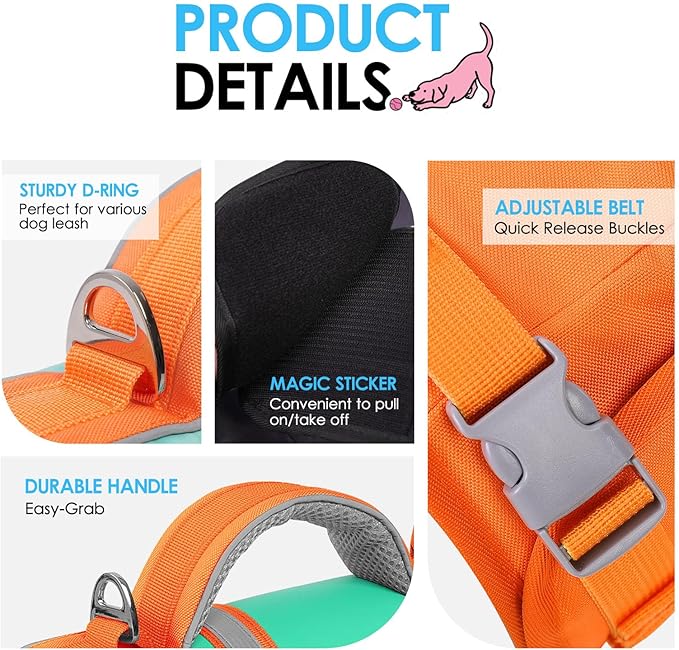 AOFITEE Dog Life Jacket, Shark Dog Life Vest for Swimming Boating, High Flotation Pet Lifesaver with Rescue Handle, Reflective French Bulldog Lifejacket, Swim Vest for Small Medium Large Dogs, M