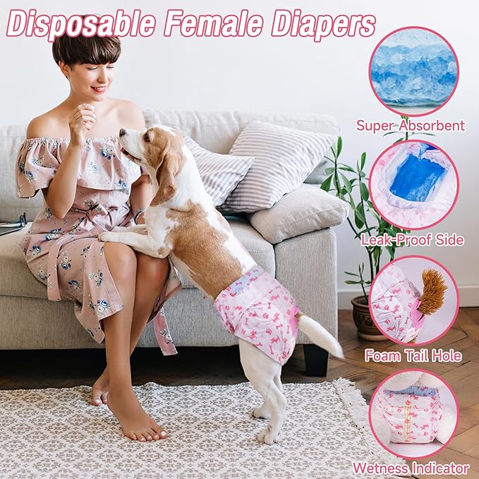 Pet Soft Disposable Dog Diapers - Female Dog Diapers with Adjustable Foam Tail Hole, Ultra Protection Puppy & Cat Diapers Wetness Indicator for Dogs in Heat or Incontinence, 40pcs (M,Red)
