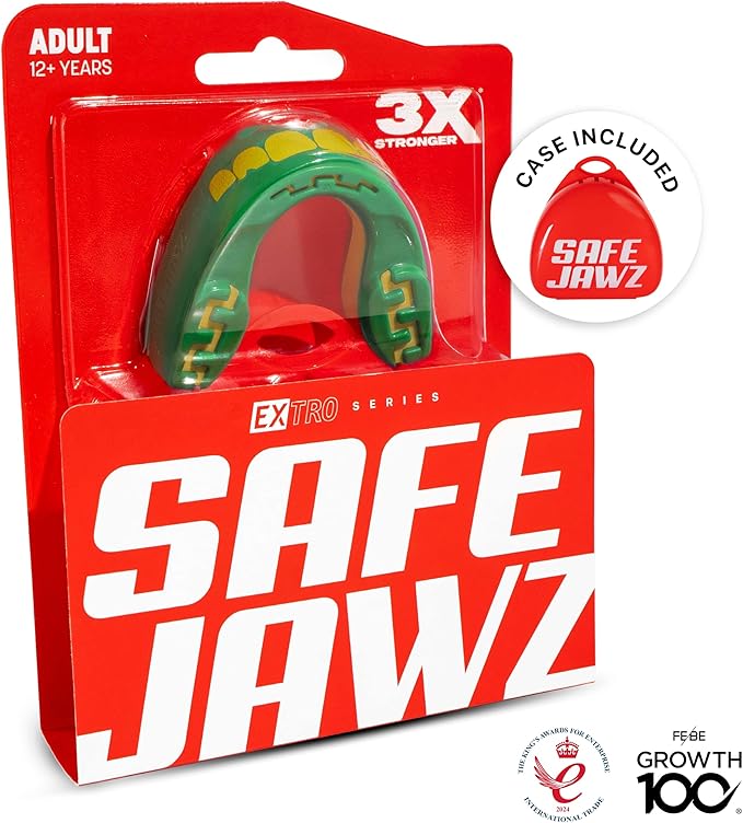 SAFEJAWZ Mouth Guard, Dual Layer Mouthguard for Youth with Case, Easy Fit Remoldable Mouthpiece for Football, Boxing, Lacrosse, MMA, Basketball & All Contact Sports (Kids <11 Years, Ogre Green)