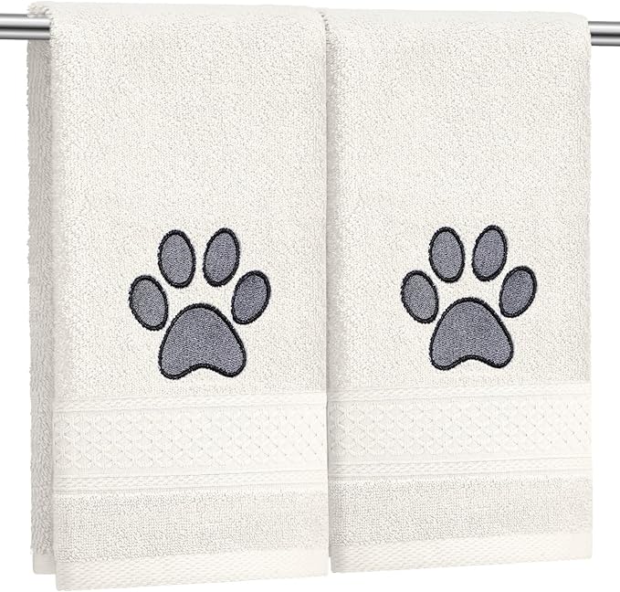 2 Pcs Dog Paw Hand Towels Beige Bathroom Decor 13 x 29 Inch 100% Cotton Embroidered Soft Hand Towels Absorbent Farmhouse for Kitchen Restroom