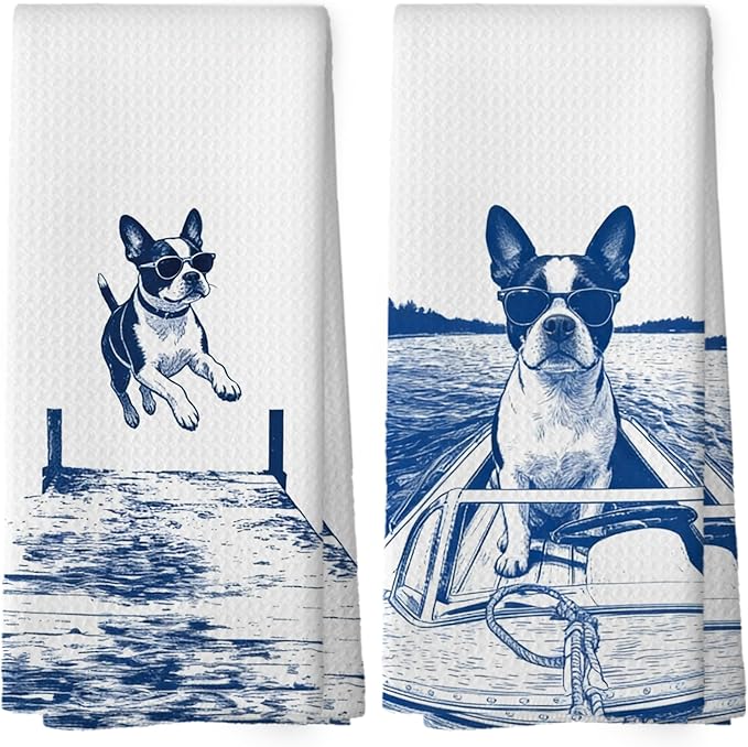 Lake House Decor Boston Terrier Kitchen Towels Set of 2, Summer Funny Lake Dog Coastal Bathroom Hand Towel, Dog Lover Gifts Tea Towel Dish Towels 16x24 Inch