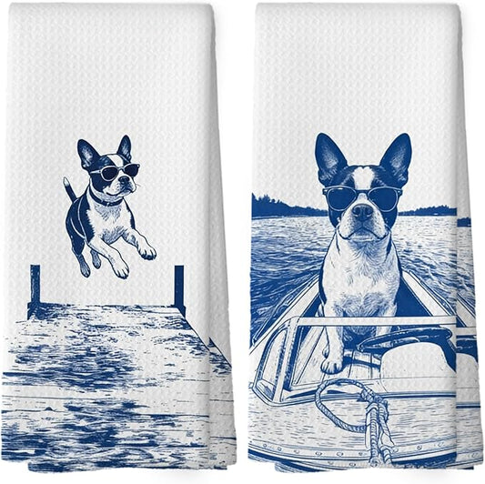 Lake House Decor Boston Terrier Kitchen Towels Set of 2, Summer Funny Lake Dog Coastal Bathroom Hand Towel, Dog Lover Gifts Tea Towel Dish Towels 16x24 Inch