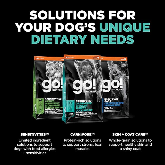Go! Solutions Carnivore Chicken, Turkey + Duck Grain-Free Dry Adult Dog Food, Our Highest-Protein Kibble Made with Real Meat & Fish, Pumpkin & Probiotics for Good Digestion, 12 lb Bag