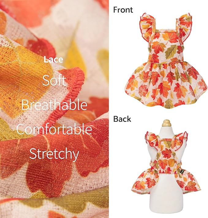 Fitwarm Maple Dog Dress, Ruffled Doggy Thanksgiving Dress, Fall Dog Clothes for Small Dogs Girl, Pet Outfit, Red, Orange, Small
