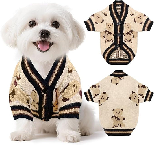Small Dog Sweaters Cute Bear Knitted Dog Cardigans Clothes for Small Medium Dogs Soft Pet Puppy Cat Knitting Outfits Fall Winter Warm Boy Girl Dogs Knitwear Coat Apparel(Beige, Small)