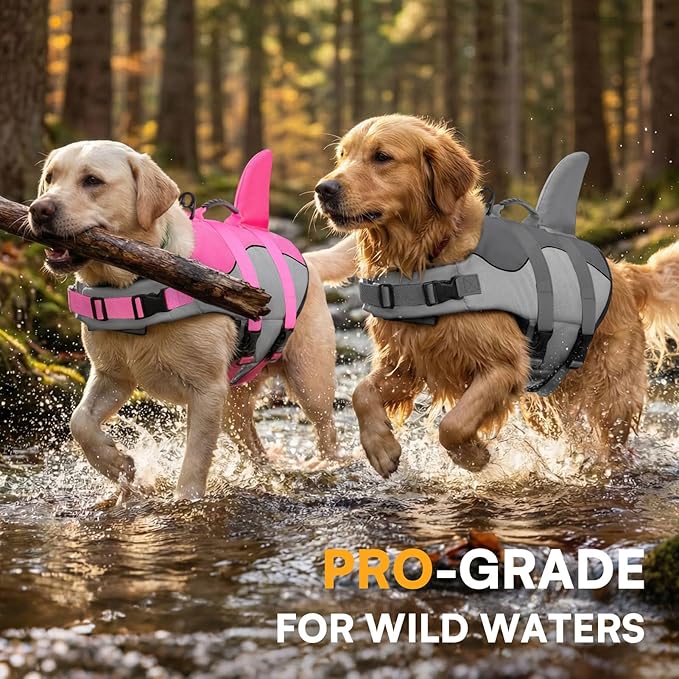 Queenmore Dog Life Jacket Ripstop Dog Safety Vest Adjustable Preserver with High Buoyancy and Durable Rescue Handle for Small,Medium,Large Dogs, Grey Shark Medium