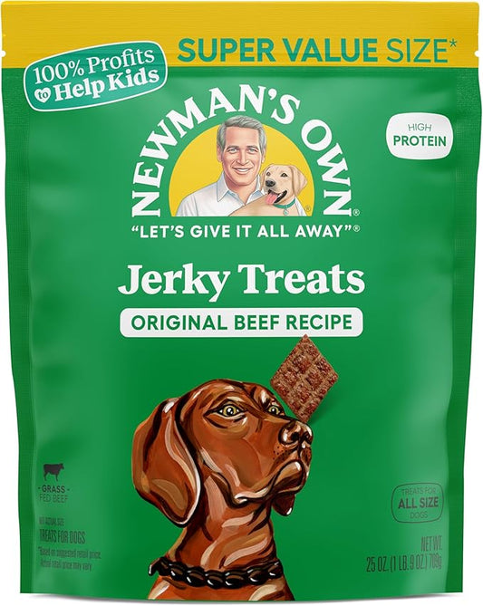 Newman's Own Jerky Treats for Dogs - Grain Free - High Protein Dog Treats with Grass Fed Beef as First Ingredient - Original Beef Recipe - Super Value Size - 25 oz Bag