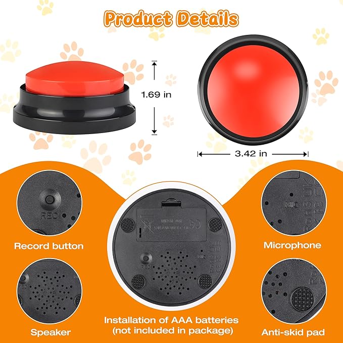 Recordable Buttons 4 Color, Dog Buttons for Communication, Training Your Pet to Talk, Talking Pet Buttons, Dog Training Set, 30 Second Record & Clear Playback