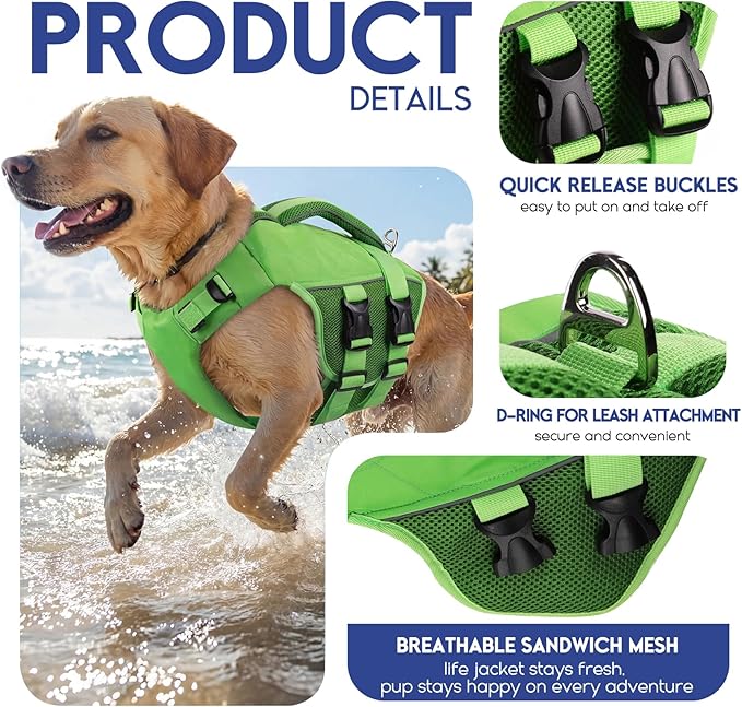 ASENKU Dog Life Jacket, High-Buoyancy Reflective Dog Swimming Vest with Durable Handles for Small/Medium/Large Dogs - Pool, Beach, Boating (Green, 2XL)