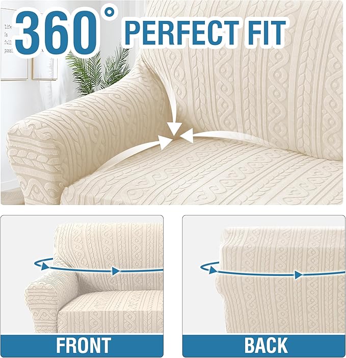 H.VERSAILTEX Jacquard Couch Covers for 3 Cushion Couch 1 Piece Stretch Sofa Covers Furniture Protector Anti-Slip Soft Thickened Dogs Slipcovers Washable Spiral Pattern(Sofa, Ivory)