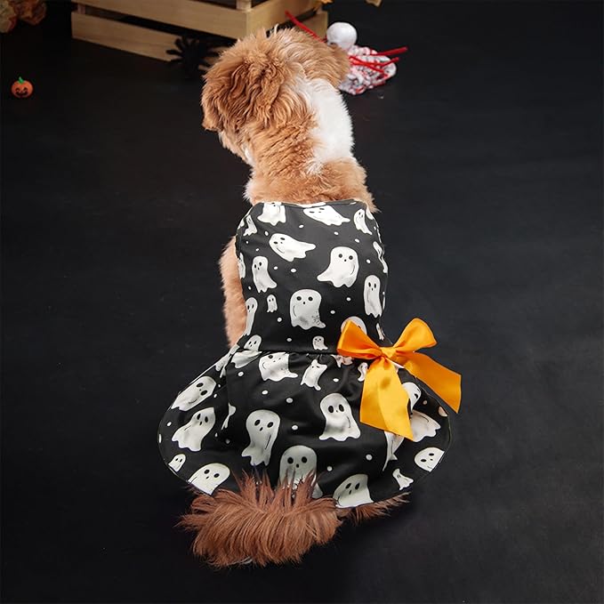 Halloween Dog Dress Ghost Print Pet Costume with Orange Bow Soft Fabric 5 Sizes for Small & Medium Dogs Cute & Comfortable Holiday Outfit