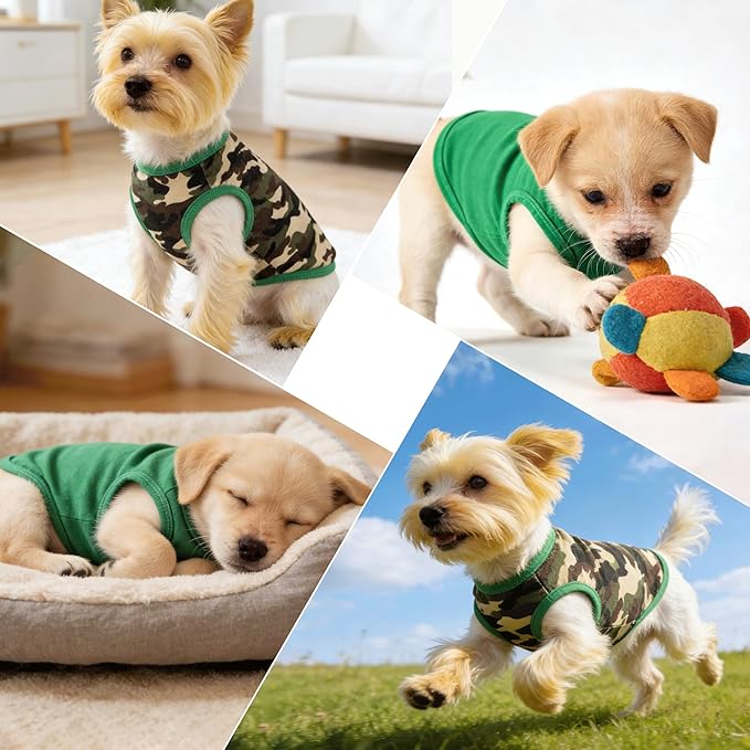 2 Pack Dog Shirts, Summer Camo Pet Tshirt Dog Clothes for Small Dogs Boy Chihuahuas and Yorkies Puppy Outfits Cats Apparel Green Camouflage + Solid Color,XXS