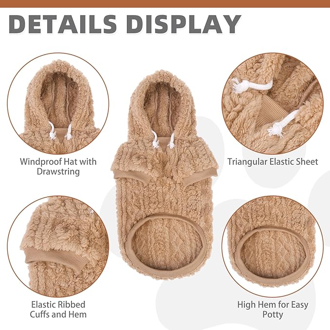 KOOLTAIL Fuzzy Dog Sweater Hoodie for Small Medium Large Dogs, Soft Fleece Pet Clothes Sweatshirt with Leash Hole, Warm Winter Dog Sherpa Jacket Snuggie Cold Weather Coat for Puppy Cats Girl, Beige L