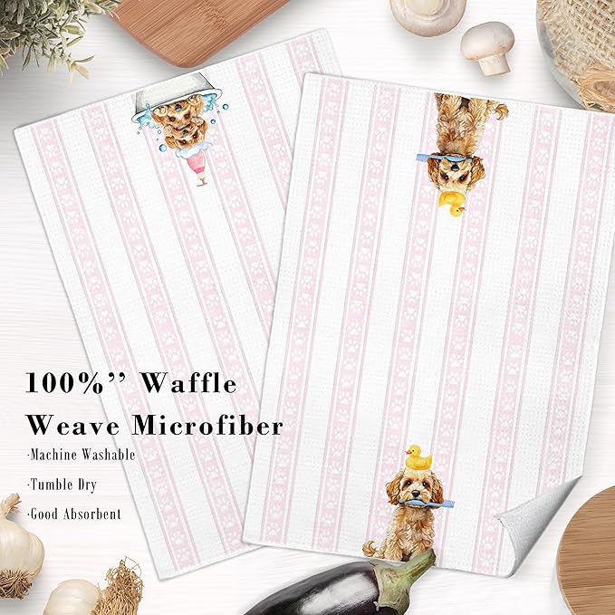 Funny Goldendoodle Bathroom Hand Towels, Golden Doodle Gifts, Pink Paws Doodle Dog Decorative Hand Towels for Washroom Restroom Toilet, Dog Bathroom Decor, 16x24 Inch Set of 2