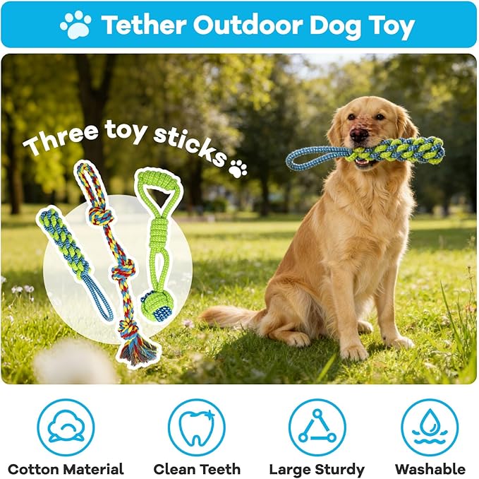 Outdoor Tug of War Dog Toy with Strengthen Spring Pole, Sturdy & Durable, Adjustable Height for Large, Medium & Small Dogs;3 Kinds Dog Tug of War Toys for Self-Play & Interactive in Park, Yard & Lawn