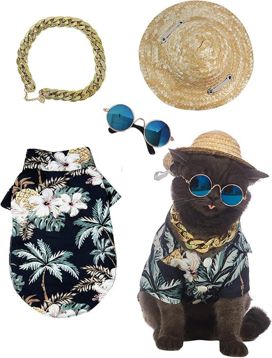Hawaiian Dog T Shirts Pet Summer Clothes Cat Sunglasses Funny Straw Hat Kitten Costumes with Gold Chain Collar (Small,Black)