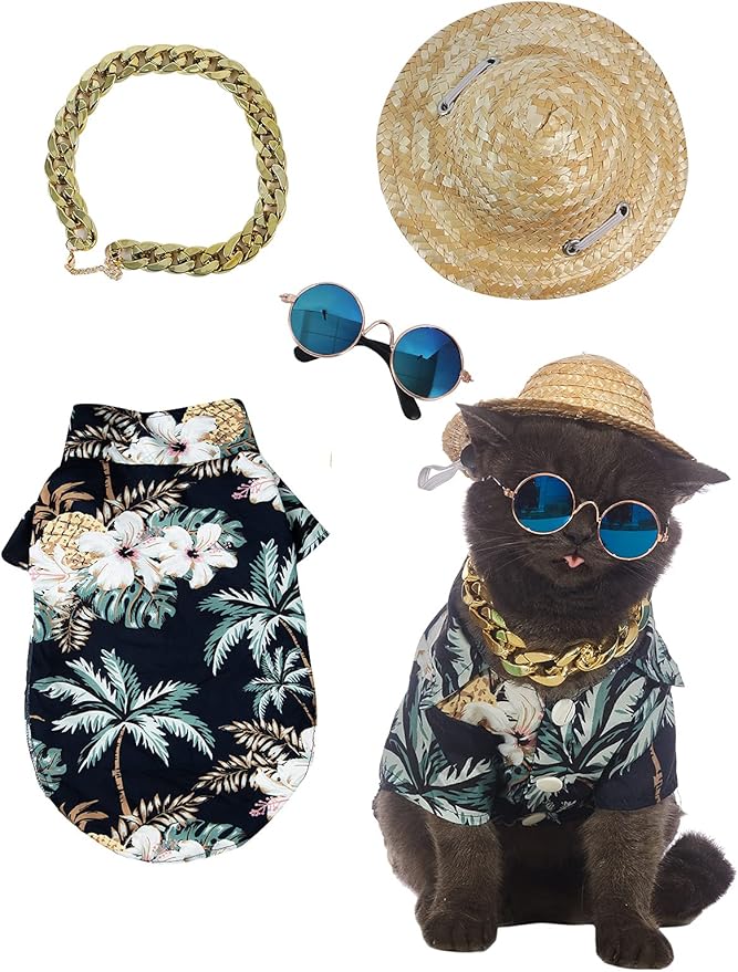 Hawaiian Dog T Shirts Pet Summer Clothes Cat Sunglasses Funny Straw Hat Kitten Costumes with Gold Chain Collar (Medium,Black)