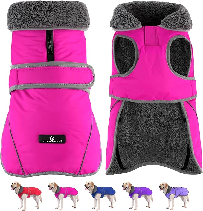 Dogcheer Dog Coat, Waterproof Dog Jacket Reflective Pet Winter Coat with Adjustable Hook & Loop, Christmas Puppy Fleece Jacket Warm Turtleneck Snowsuit for Small Medium Large Dogs - Pink, L
