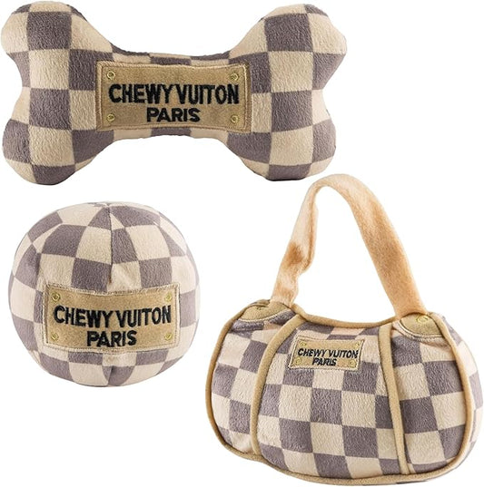 Haute Diggity Dog Large Checker Chewy Vuiton Plush Dog Toys for Small, Medium & Large Dogs, 3-Pack Durable Stuffed Designer-Inspired Pet Toys with Interactive Squeaker, Machine-Washable & Safe