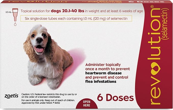 Revolution (selamectin) Topical Solution for Dogs, 20.1-40 lbs (Red), 6 Tubes