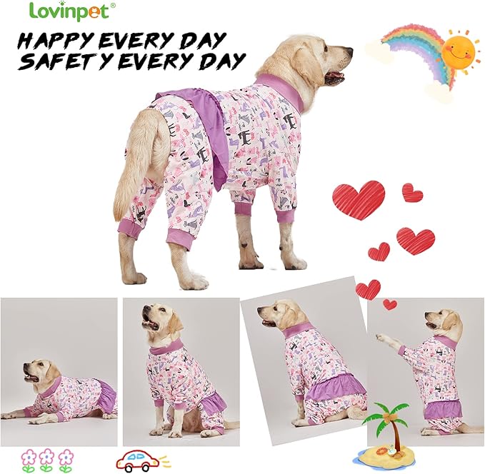 LovinPet Long Sleeve Onesie for Large Dogs, High Collar Cotton Dog Shirt, Anti-Shedding, Lightweight Stretchy Knit, Stop Shedding for Dogs, Pink Puppy Print, Shirt for Under Dog Dresses, Pet PJ's, M
