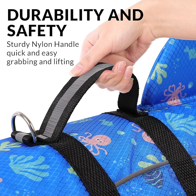 Queenmore Medium Dog Life Jacket, Dog Life Vest for Swimming with Shark Fin, Ripstop Dog Lifevests for Boating with Handle/Leash Hook, Pet Safety Water Vest for French Bulldogs Dachshunds (Prints,M)
