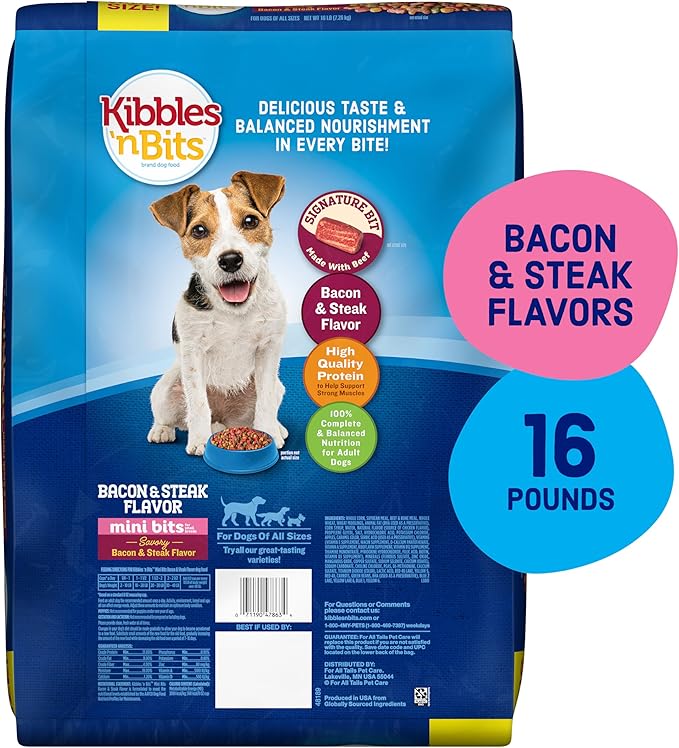 Kibbles ‘n Bits Mini Bits Small Breed Dry Dog Food, Savory Bacon & Steak Flavor for Adult Dogs, 16 lb. Bag