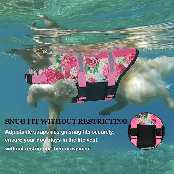 Dogcheer Dog Life Jacket Shark, Hawaiian Style Dog Life Vest for Swimming Boating with Superior Buoyancy and Rescue Handle, Reflective Pet Swim Vest for Small Medium Large Dogs - Flower Pink, L