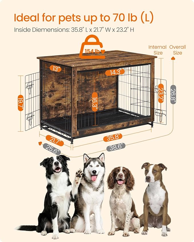 Feandrea 38.6" Dog Crate Furniture, Indoor Dog Cage Side End Table, XL Pet Wood Kennel for Large and Medium Dogs up to 70 lb with Multi-Purpose Removable Tray, Double-Door Pet House, Rustic Brown