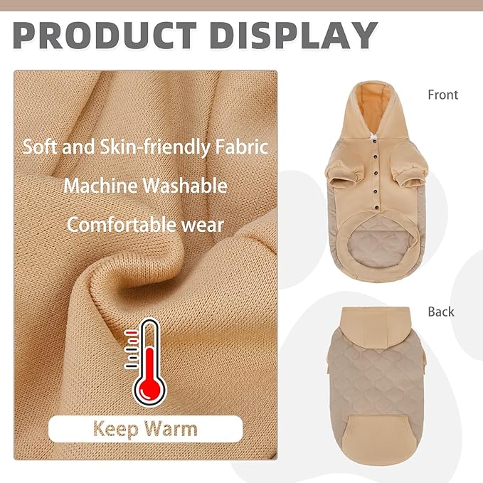 KOOLTAIL Dog Winter Coat for Small Medium Dogs, Waterproof&Windproof Puppy Jacket with Leash Hole, Warm Winter Cold Weather Pet Vest Hoodie Sweater Sweatshirt Clothes for Cats Girls Boys, Beige SM