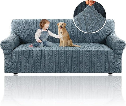 H.VERSAILTEX Jacquard Couch Slip Cover 1 Piece High Stretch Sofa Covers Furniture Protector Anti-Slip Soft Thickened Sofa Cover Washable Spiral Pattern(Sofa, Stone Blue)