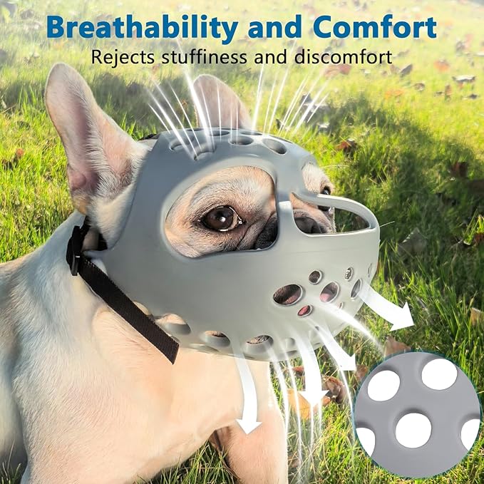 BARKLESS Short Snout Dog Muzzle, Soft Silicone Flat Faced Muzzle for French Bulldog Shih Tzu and Pug for Biting Chewing Licking and Grooming, Allows Panting