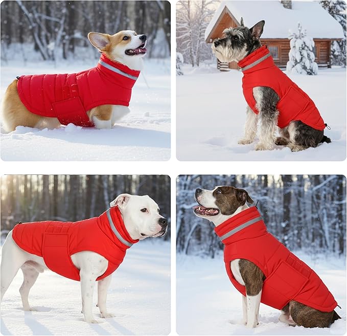 Mklhgty Waterproof Dog Coat for Small Dogs, Warm Dog Winter Jacket, Reflective Windproof Turtleneck Dog Cold Weather Coats with Adjustable Hook & Loop - Red - S