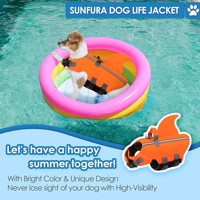 SUNFURA Dog Life Jacket Shark Life Vest for Dogs, Adjustable Swmming Vest with High Buoyancy, Safety Lifesaver with Rescue Handle for French Bulldog Small Medium Breeds, Orange XS