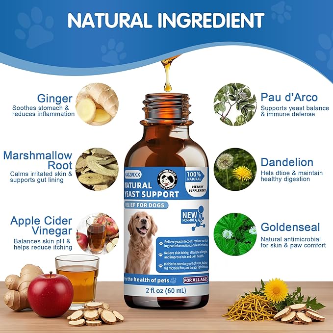 Natural Yeast Infection Treatment for Dogs, Itchy Ears, Skin, Paws & Allergy Relief, Yeast Treatment for Dogs, Supports Gut & Immune Health, Reduces Itching, Irritation & Inflammation, 60ml