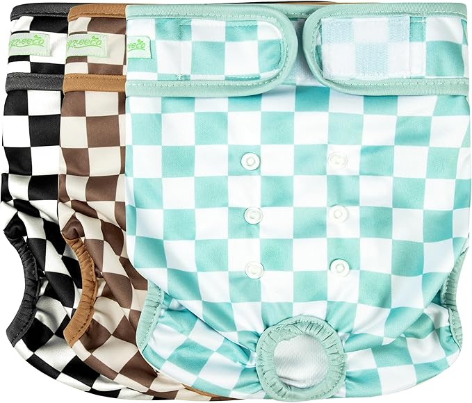 wegreeco Washable Female Dog Diapers Highly Absorbent Reusable Diapers for Dog in Heat Dog Period Diapers, 3 Pack (Checkerboard Green, Black, Coffee, Small)