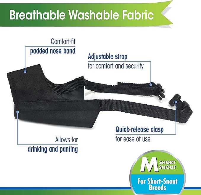 Four Paws Walk-About Quick-Fit Short Snout Adjustable Dog Muzzle for Medium Dogs, Washable & Breathable, Black, 1 Count