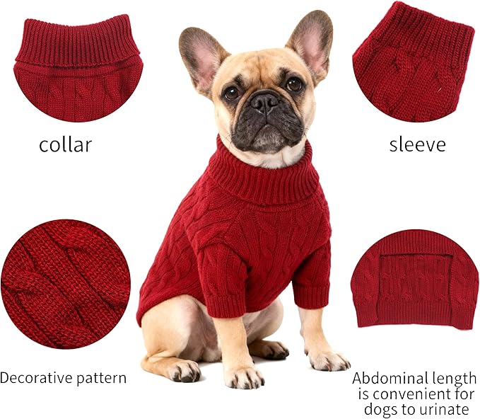 Small/Medium Dog Sweater, Warm Dog Winter Coat w/Sleeves, Comfortable High Neck Premium Dog Clothes for Bulldog-Best for Holidays, Daily Walks L Deep Red