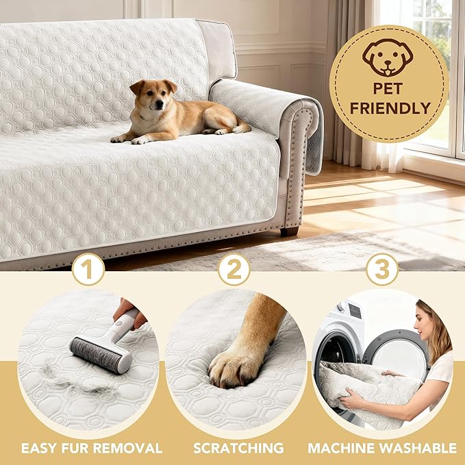 H.VERSAILTEX 100% Waterproof Couch Covers for Pets Triple Non-Slip Sofa Covers for 3 Cushion Couch Dog Couch Cover Protector Washable(Sofa, Beige)